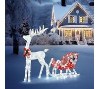 GIVOKE Outdoor Reindeer and Sleigh Light Up Christmas Decoration, 4Ft Santa's Sleigh with LED Lights, UK Plug