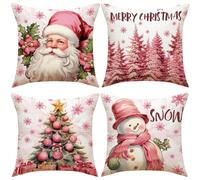 GIVOKE Set of 4 Merry Christmas Pillow Cover, 18" x 18" Linen Cushion Covers Pillow Protectors Pink Throw Pillow Covers for Home Sofa (Pillow Not Included)