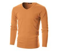 GIVON Men’s Slim Fit V-Neck Long Sleeve T-Shirt - 100% Cotton Ribbed Knit - Midweight Base Layer or Standalone Top, Dcp053-orange, S