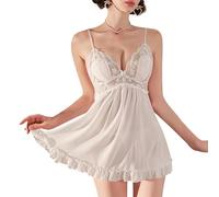 GIVTULIP Women Lace Babydoll Nightdress Sexy V Neck Lingerie Sheer Mesh Christmas Chemise Bridal Nightwear Slip Dress Backless Teddy Sleepwear See Through Floral Nighties Negligees with G-string