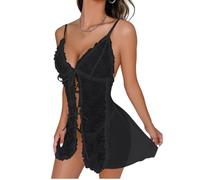 GIVTULIP Women Sexy Lace Lingerie 2 Pieces Sheer Mesh Babydoll Deep V Neck Nightdress See Through Chemsie Summer Sleeveless Nightwear Teddy Negligees Nighty Sleepwear Underwear Nightgown with G-String