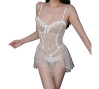 GIVTULIP Women Sexy Lace Lingerie Mesh Babydoll 2 Pieces V Neck Chemise Summer Nightwear Sheer Sleepwear See Through Bridal Nightdress Slip Dress Teddy Negligees Mini Skirt Nightgown with G-String