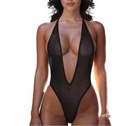 GIVTULIP Women's Deep V Halter Sheer Mesh Bodysuit Sexy Backless High Cut Bikini Body See Through Teddy Lingerie Transparent One Piece Swimsuit Summer Sleeveless Swimwear for Beach Pool Holiday Black