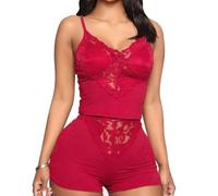 GIVTULIP Women's Pyjamas Shorts Set Summer V Neck Cami Top & Shorts Pj Sets Lace Crop Top Soft Sleep Set with Drawstring Sleeveless Tank Tops Nightwear Sleepwear Loungewear Black/Red S-XL