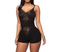 GIVTULIP Women's Pyjamas Shorts Set Summer V Neck Cami Top & Shorts Pj Sets Lace Crop Top Soft Sleep Set with Drawstring Sleeveless Tank Tops Nightwear Sleepwear Loungewear Black/Red S-XL