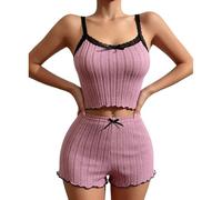 GIVTULIP Womens Short Pajama Set Ladies Summer Pjs Sets Ribbed Knit Cami Tops +Shorts with Bow Sleeveless Tank Top 2 Piece Solid Outfits Soft Nightwear Casual Sleepwear Cute Loungewear with Drawstring