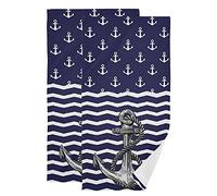 Giwawa Anchor Bath Hand Towel 2 Pcs Absorbent Nautical White Stripe Hand Towels Sea Anchors Navy Blue Face Towel Soft Breathable 28.3x14.4in