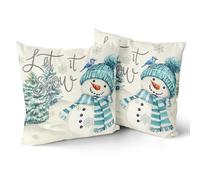 Giwawa Blue Snowman Pillow Covers Set of 2, Let It Snow Winter Snowflakes Decorative Pillowcases, Xmas Trees Bird Double Sided Throw Cuchion Cover for Couch Sofa Patio Bedroom, 18x18 Inch