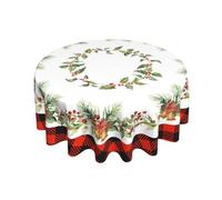 Giwawa Christmas Round Tablecloth for Kitchen Dining, 60Inch Xmas Holly Berries Bells Bows Table Cloth, Red Black Buffalo Plaids Non-Slip Table Cover for Holiday Picnic Tabletop Decor
