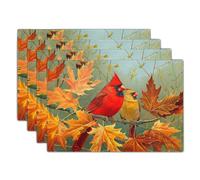 Giwawa Fall Birds Placemats Set of 4, 12"x18" Autumn Trees Maple Leaves Chestnuts Table Mats, Thanksgiving Harvest Heat Resistant Washable Linen Place Mat for Kitchen Dining Holiday Party Decor
