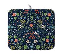 Giwawa Flower Floral Dish Drying Mat Absorbent Green Leaves Dish Drainer Mat Microfiber Navy Blue Background Drying Pad Reversible Colored Flowers Dish Draning Mat for Kitchen Counter Sink 16x18 inch