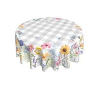 Giwawa Spring Floral Tablecloth Round 60 Inch Watercolor Summer Flower Table Cover with Grey Buffalo Plaids Wildflower Butterfly Table Cloth Polyester Heat Resistance for Kitchen Dining Camping Decor