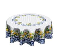 Giwawa Spring Summer Lemon Round Tablecloth 60inch Blue Boho Tile Flowers Table Cover Watercolor Fuit Checkered Washable Table Cloth for Dining Kitchen Picnic Indoor Outdoor Decor