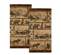 Giwawa Vintage Bear Deer Hand Towels Set of 2 Forest Cabin Face Bath Fingertip Towel Soft Absorbent Dish Wash Cloth Kitchen Bathroom Home Decor
