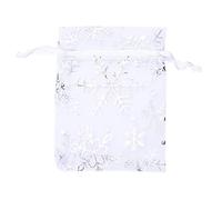 Giwnhvx 100 PCS Organza Wedding Gift Bags Drawstring Jewelry Pouch Bags Silver White Snowflakes Printed Sheer Party Favor Bags