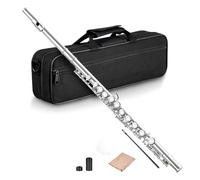 Giwnhvx 16 Closed Open Holes C Key Professional Transverse Flute Concert Musical Instrument with Box Cleaning Cloth Stick Gloves