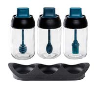 Giwnhvx 3 Pcs Glass Spice Jars Airtight Jar Condiment Jar, with Lid and Spoon,Oil Brush,Tray,8.5 Oz,Blue