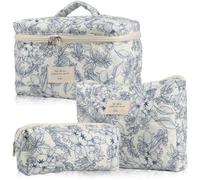 Giwnhvx Cosmetic Bag 3 Pcs Cotton Quilted Makeup Bag Aesthetic Floral Toiletry Bag for Women A