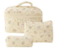 Giwnhvx Large Capacity Makeup Bag 3 Pcs Cotton Quilted Makeup Bag Aesthetic Floral Toiletry Bag for Women B