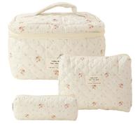 Giwnhvx Large Capacity Makeup Bag 3 Pcs Cotton Quilted Makeup Bag Aesthetic Floral Toiletry Bag for Women D