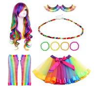 Giwnhvx Rainbow Wig Long Curly Tulle Skirt Gloves Dress Set for Cosplay Costumes Dance Costume Props Accessories