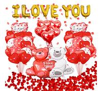 Giwnhvx You Balloons with Couple Teddy Balloon Heart Balloons Kit with Red Rose Petals Valentine Wedding Party Decor Kit