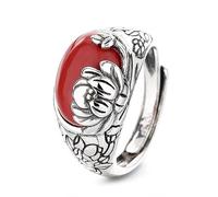 Gixaxak Agate Onyx Stone Ring for Women Men Retro Vintage Thick Silver Plated Handmade Gemstone Quartz Crystal Ring Lotus Ring Jewelry Gift Adjustable Opening Red Agate Ring