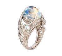 Gixaxak Angel Wings Moonstone Zircon Full Diamond Ring Natural Moonstone 925 Sterling Silver Ring Moonstone Ring Sterling Silver Rainbow Moonstone Ring Delicate Trendy Vintage Opal Ring, Size 8