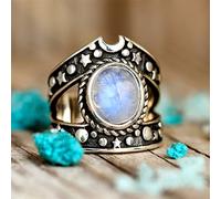 Gixaxak Boho Style Gemstone Ring Silver Alloy Hypoallergenic Moonstone Charm Ring Faux Cut Dainty Ring Aristocrat Temperament Jewelry Creative Punk Moon Star, Size 8, Alloy, silver, Moonstone