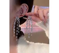 Gixaxak Fashion Long Earrings 925 Silver Needle Earrings Zircon S925 Silver Pin Stud Tassel Dangle Long Tassel Earrings Wedding Prom Earrings Silver Zircon