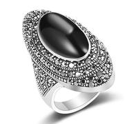 Gixaxak Retro Vintage Cocktail Statement Ring Black Marcasite & Crystal Rings for Women Antique Silver Big Black Onyx Stone Ring Dark Moonstone Black Onyx Baroque Ring 10
