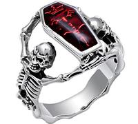 Gixaxak Skull Rings for Men Stainless Steel Gothic Vampire Bloody Red Enamel Coffin Jewelry Ring Punk Silver Skull Bat Ring Gothic Vampire Bloody Red Enamel Coffin Rings Metal Rock Jewelry(Size 8)