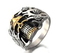 Gixaxak Stainless Steel Skull Head Ring Punk Skull Ring For Men Vintage Silver Black Cool Punk Retro Gothic Dainty Goth Stainless Steel Ring Gold Skull Ghost Head Titanium Steel Ring, Size 7, Stone