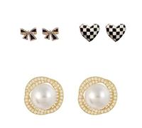 Gixaxak Women Wedding Pearl Earrings for Women 14K Gold Stud Earrings for Women Black Bow Zircon Stud Earrings Love 3D Stereo Black White Plaid 3pcs Set Sterling Silver