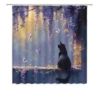 GIXKOXE Purple Flower Shower Curtain Black Cat Butterfly Lilac Wisteria Watercolor Floral Spring Garden Abstract Oil Painting Art Bathroom Decor Curtain Polyester with Hooks