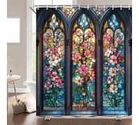 GIXKOXE Stained Glass Floral Shower Curtain, Vintage Arched Window 70 in | Boho Plants Pink Flowers Green Leaves, Teal Royal Style, Abstract Art Bathroom Decor Polyester Fabric Curtain with Hooks