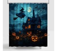 GIXKOXE Witch Pumpkin Shower Curtain Scary Castle Halloween Spooky Forest Full Moon Night Festival Bat Decor Bathroom Fabric Curtains with Hooks 70" L x 70" W
