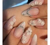 Giyehehi 24-piece set of white French tip press-on nails, medium almond-shaped false nails with silver rhinestones, floral nude pink full-cover stick-on nails in a French style