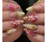 Giyehehi 30-piece pastel yellow medium-length almond-shaped false nails for summer with pink 3D design, tropical floral patterns and buttery yellow French tips
