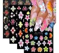 Giyehehi 4 Sheets Flower Nail Stickers for Nail Art, 5D Embossed Hibiscus Nail Stickers, Pink and White Lily, Hibiscus, Tropical Flowers, Summer and Spring Flower Nail Art Accessories for Women