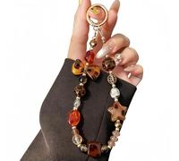 Giyehehi Phone Charm with Crystal/Hand-Painted Bead, Kawaii Wrist Strap, Cute Star and Bow Charm with Leopard Print and Shell Beads, Glitter Bead Trim
