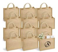 Giyiprpi 12 Pack Burlap Jute Tote Bag with Handles, Large Reusable Grocery Beach Bag with 26 Iron on Letters transfers, Laminated Interior Blank DIY Crafts Bags for Bridesmaid Gift Travel Shopping