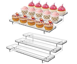 Giyiprpi 2 Pack 3 Tier Acrylic Stands for Display, 12 inch Clear Display Stand Risers Shelf for Cupcakes Perfumes Figurines, Tabletop Cupcake Stand for Decorating & Organizing(11.8"x9.4"x3")