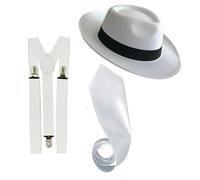 Gizelle 1920's Mob GANGSTER HAT TIE BRACES SET FELT TRILBY AL CAPONE FANCY DRESS (White Set)