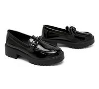 Gizelle Girls School Shoes - Comfortable Anti-Slip Back to School Uniform Black Patent Loafers Shoes with Chain Detailing, 7 UK