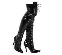 Gizelle LADIES BOOTS WOMENS THIGH HIGH OVER THE KNEE BOOTS FRONT LACE HEEL (5, Black Patent)