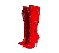 Gizelle Womens High Heel Boots With 3 Buckles - Ladies Kinky Fetish Stiletto Heel Full Side Zip Knee High Boots For Women Size UK Red, 12