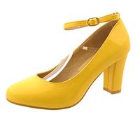 Gizelle Womens Unisex Buckle Ankle Strap Mid Block Heel Shoes Plus Size 9 10 11 12 (Yellow Patent, UK 11