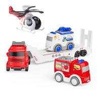 GizmoVine Fire Truck set, Car Transporter Toy Kit with Ambulance Vehicles, Fire Engine, Helicopter, Friction Power, Three Warning Sound, Baffle Mobile, Gifts for 2 3 4 5 6 Year Old Boys and Girls