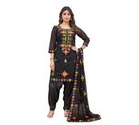 GJ Fashion Indian Phulkari Embroidery Work Chanderi Salwar Suit with Dupatta for Women Traditional Ethnic Wear, Black2, L